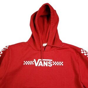 Vans Womens Crop Hoodie Small Red Long Sleeve Silver Classic Checkerboard Pocket